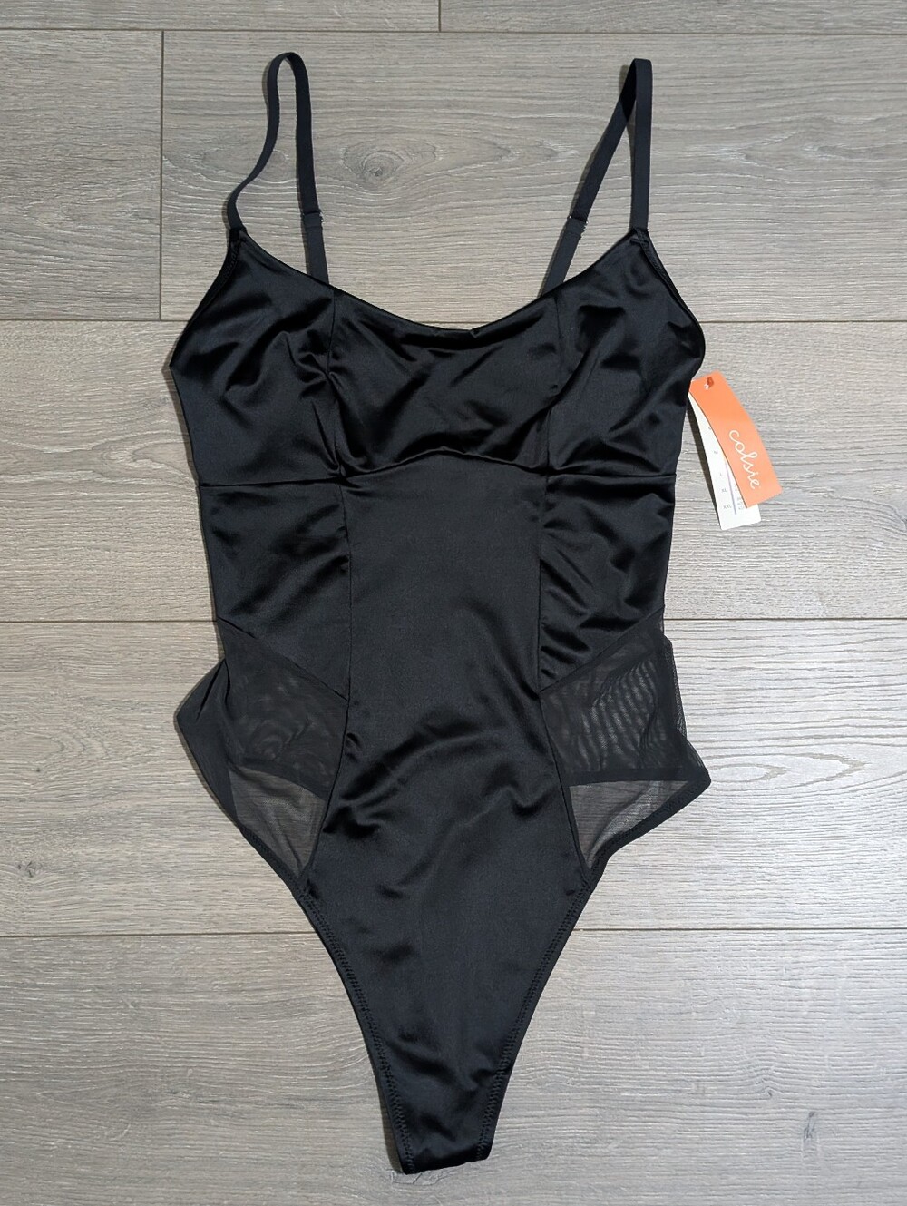 NWT•Colsie Women's With Mesh Black Bodysuit with Sheer Side Insets•M 34C&D,36B&C